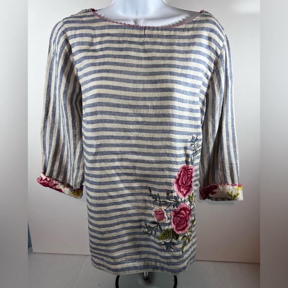 J Jill Shirt Womens Medium Petite Blue Stripes Linen Embroidery Floral Top - Picture 2 of 12